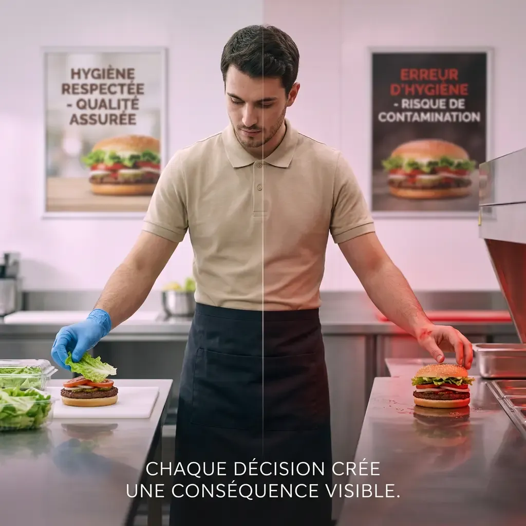 Deux issues opposées d’un même geste d’hygiène en cuisine : produit conforme ou risque de contamination