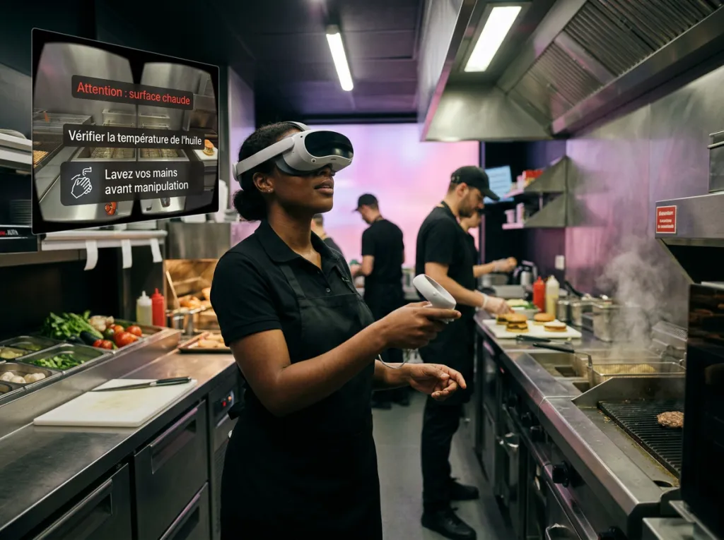 Collaboratrice équipée d’un casque de réalité virtuelle s’entraînant à la sécurité en cuisine professionnelle