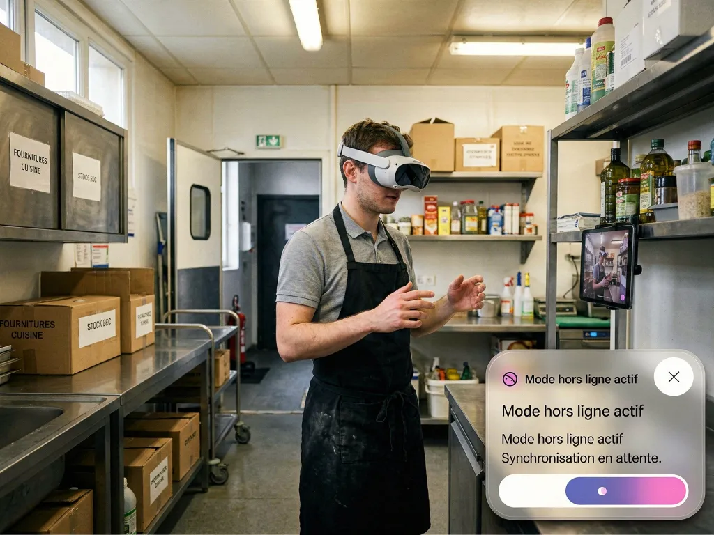 Employé s’entraînant en réalité virtuelle dans une réserve, avec le mode hors ligne activé