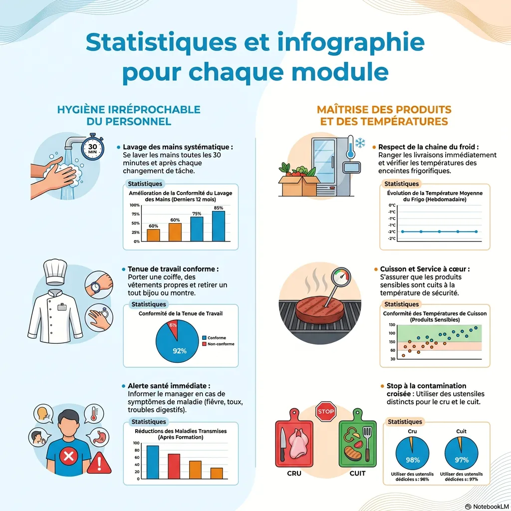 Statistiques par module : conformité du lavage des mains, tenue de travail, températures et contamination croisée