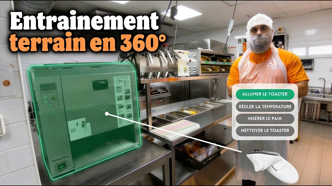 Équipier en cuisine face à un toaster, avec le menu d’actions affiché dans le casque de réalité virtuelle